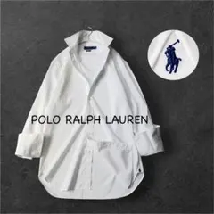 美品 洗える ポロラルフローレン ドレスシャツ 裾ホースロゴ コットン100%白のサムネイル