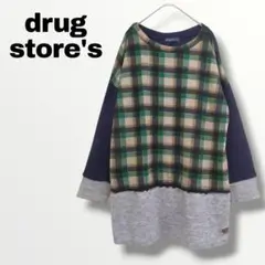 【ドラッグストアーズ】チェック切り替えチュニック Lネイビー グレー 体型カバー
