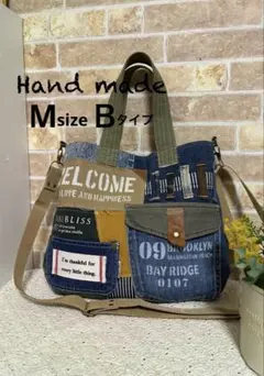 115.年中使える★デニムリメイク★2wayトートバッグ★ショルダー紐付Ｍサイズ