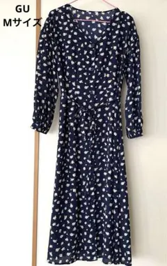 GU 花柄プリントワンピース　羽織り　M 長袖　ネイビー