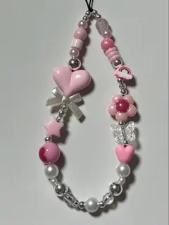 No.32ビーズストラップスマホストラップシルバー　ホワイトピンクハートy2k