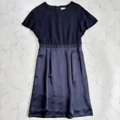 【新品】クミキョク　フォーマルワンピース　【S】ネイビー　異素材　結婚式　フレアのサムネイル