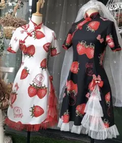 チャイナ 風 ドレス イチゴ 黒 Mサイズ