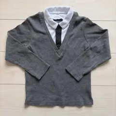 男の子　トップス　グレー Vネック ネクタイ　フォーマル　白シャツ　120