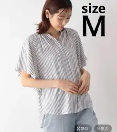 GLOBAL WORKネイビーストライプ さらさらリラックスプリントブラウス半袖