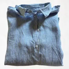ユニクロ プレミアムリネンシャツ ストライプ XL ブルー 長袖 麻のサムネイル