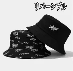 バケットハット リバーシブル 男女兼用 ブラック 総柄 UV バケハ 韓国