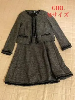 美品ガールGIRL ワンピース スーツ セットアップ Mフリンジ ツイード黒
