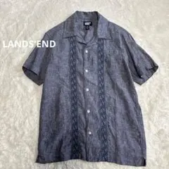 LANDS END キューバシャツ　リネン100% Sサイズ　ネイビー　ブルーのサムネイル
