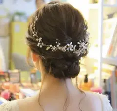 ブライダル ゴールドワイヤー＆パール&お花のウェディングヘッドドレス