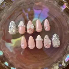 ピンク　ネイルチップ　パール　リボン