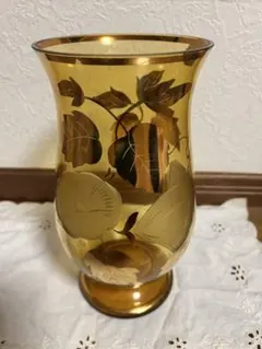 ボヘミアグラス/金彩/花柄/フラワーベース/チェコスロバキア製/美品