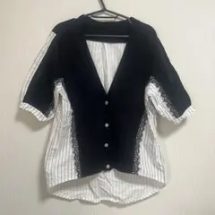 レース付きボタンシャツ 半袖 黒白ストライプ