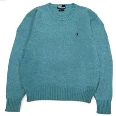 美品 90s ラルフローレン ウール100% ターコイズ 刺繍ロゴ ニット