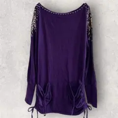 チュニック【2】太陽神プリント パープル エスニック調 サイドシャーリング個性派