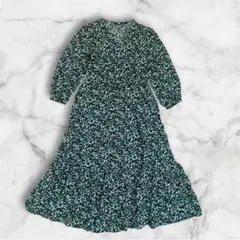 【UNIQLO】花柄 ロングワンピース ブラック グリーン S ペチコート付き