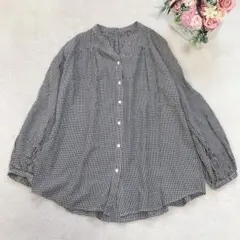 グローバルワーク ギンガムチェック長袖シャツ ノーカラー トップス シンプル 黒