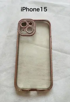 iPhone 15用クリアローズゴールドラインストーンケース レンズ保護付き