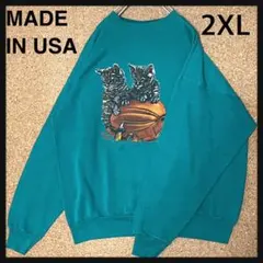 【US古着】90s ネコ　猫　プリントスウェット トレーナー2XL グリーンのサムネイル