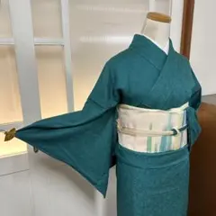 色無地　袷　正絹　一ツ紋　青緑　瑠璃色　身丈159裄67
