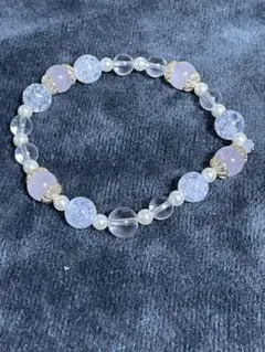 ローズクオーツ、水晶、クラック水晶とパールビーズブレスレットレディース用16cm