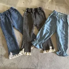デニムパンツ 3点セット 花柄レース 7分丈 長ズボン オシャレ 韓国風
