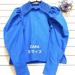 【ZARA レース襟 パフスリーブブラウス ブルー】
