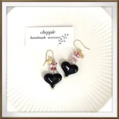 No.1623 ぷっくり可愛いハートのピアス　ハートのイヤリング　黒いピアス