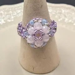 【ハンドメイド】ふんわり紫陽花カラーのビーズフラワーリング