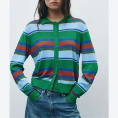 ZARA ザラ　マルチボーダーカーディガン　ポロ襟　M グリーン　薄手　個性派のサムネイル