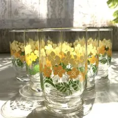 昭和レトロ　クリーム＆イエローの花　佐々木ガラス   グラス５個