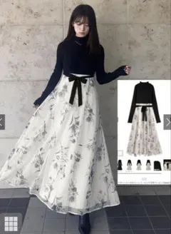 GRL リボンベルト付き ニット ドッキング 花柄 ワンピース[dr821]