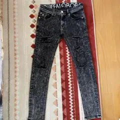 ブラック スキニーデニム ダメージ加工2M
