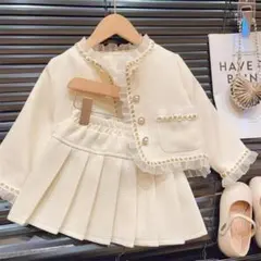 キッズ入学式スーツ2点セット小学校130卒園式フリル白ツイード女の子ホワイト薄手