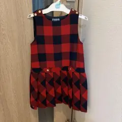 赤と紺のチェック柄 ワンピース 116cm