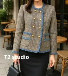 T2 studio ノーカラーツイードジャケット