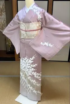 ア*コ様 未使用　新品　美品　縮緬　作家　紋付き　訪問着　フルセット　着物帯帯締 着物 小紋 帯 4点セット 袷 Lサイズ からし色 格子 きもの 黒 花