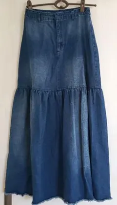 デニムフレアスカート フリンジ裾仕上げ