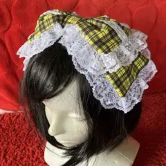 【イエローチェック×ホワイト】リボンカチューシャ【手作り】