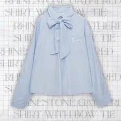 Amly city ボウタイつきラインストーンギャザーシャツ ストライプ