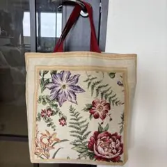 トートバッグ　インドコブラン織　ハンドメイド　華やかな花柄　クレマチス、薔薇花柄