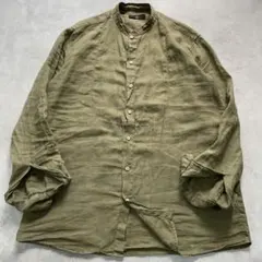 【極上を羽織る】ゼニア リネン100% バンドカラーシャツ オリーブ XL相当