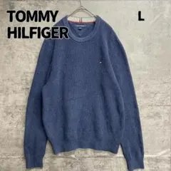 トミーヒルフィガー クルーネックニット 青 L ロゴ刺繍 メンズ【8682】