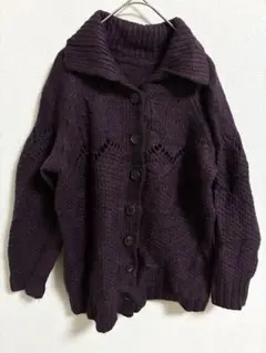 アルパカ混♡襟付きニットカーディガン 厚手 透かし編み 濃紫 ゆったり 伸縮性有