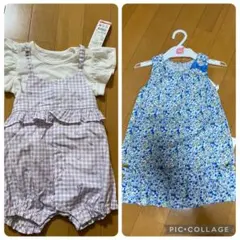 チェック柄ロンパースと花柄セットアップ
