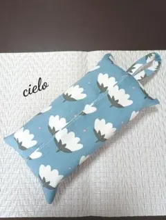 エコティッシュカバー(ソフトパック用)　ブルー フラワー　ハンドメイド