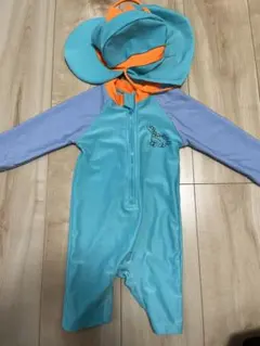 ベビー水着(男の子) 水色オレンジ 恐竜刺繍　キャップ付き　80cm