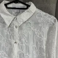 ザラ ZARA 刺繍 シャツ 白 ホワイト 長袖 総柄 春夏