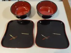漆器 食器セット 黒赤 2ボウルと皿 丼ぶり、蕎麦セット