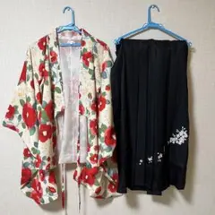 【卒業式用】着物•袴セット（花柄着物•黒袴•帯）